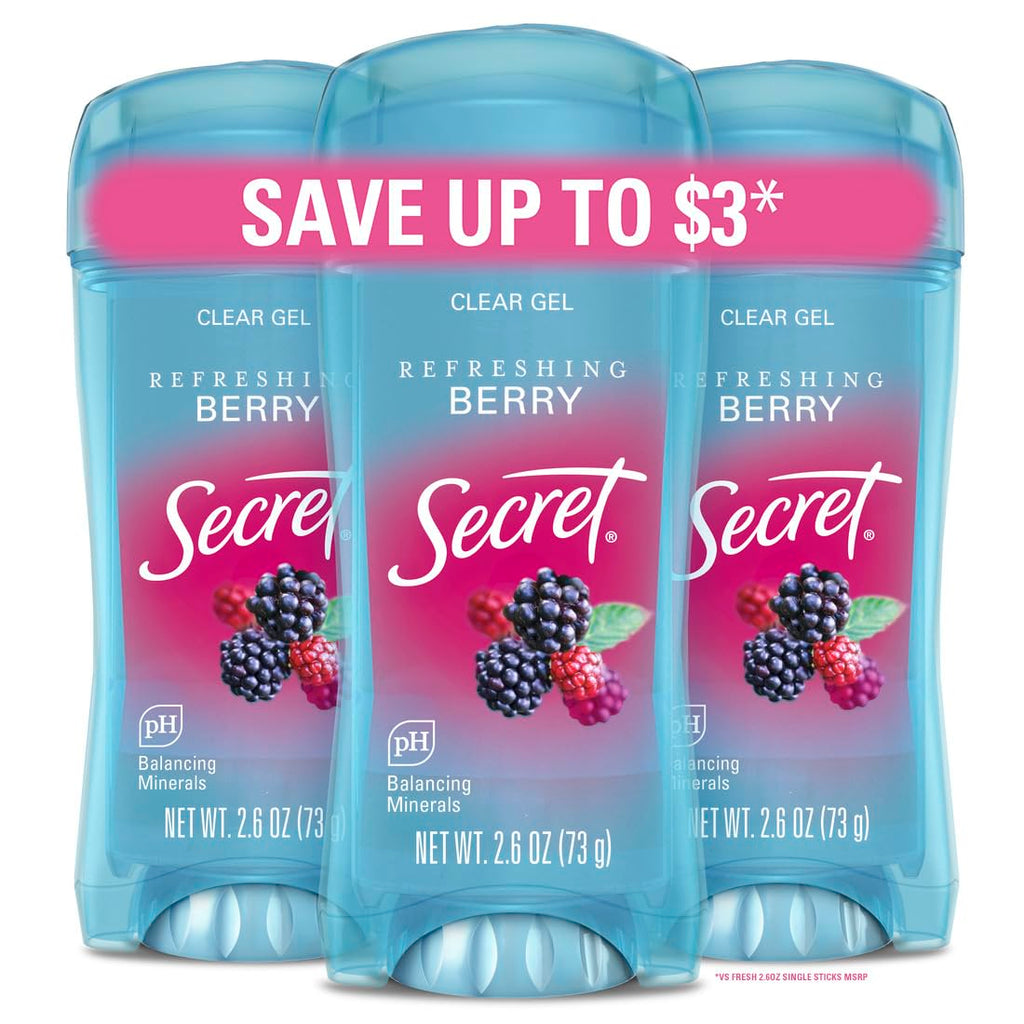 Secret Fresh Antiperspirant Deodorant for Women. 72hr Breathable Sweat & Odor Protection. Instant Freshness & Gentle. PH Balancing Minerals. Clear Gel. Cool Waterlily Scent. 2.6 oz (Pack of 3)