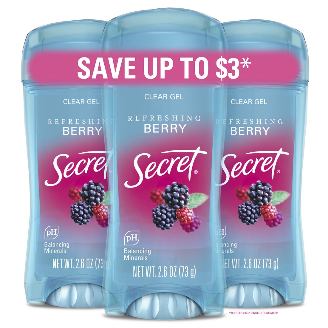 Secret Fresh Antiperspirant Deodorant for Women. 72hr Breathable Sweat & Odor Protection. Instant Freshness & Gentle. PH Balancing Minerals. Clear Gel. Cool Waterlily Scent. 2.6 oz (Pack of 3)