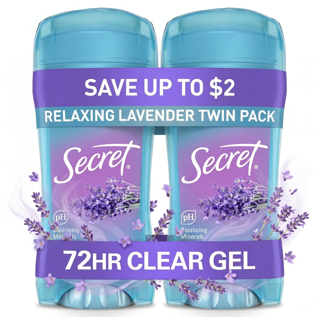 Secret Fresh Antiperspirant Deodorant for Women. 72hr Breathable Sweat & Odor Protection. Instant Freshness & Gentle. PH Balancing Minerals. Clear Gel. Relaxing Lavender Scent. 2.6 oz (Pack of 2)