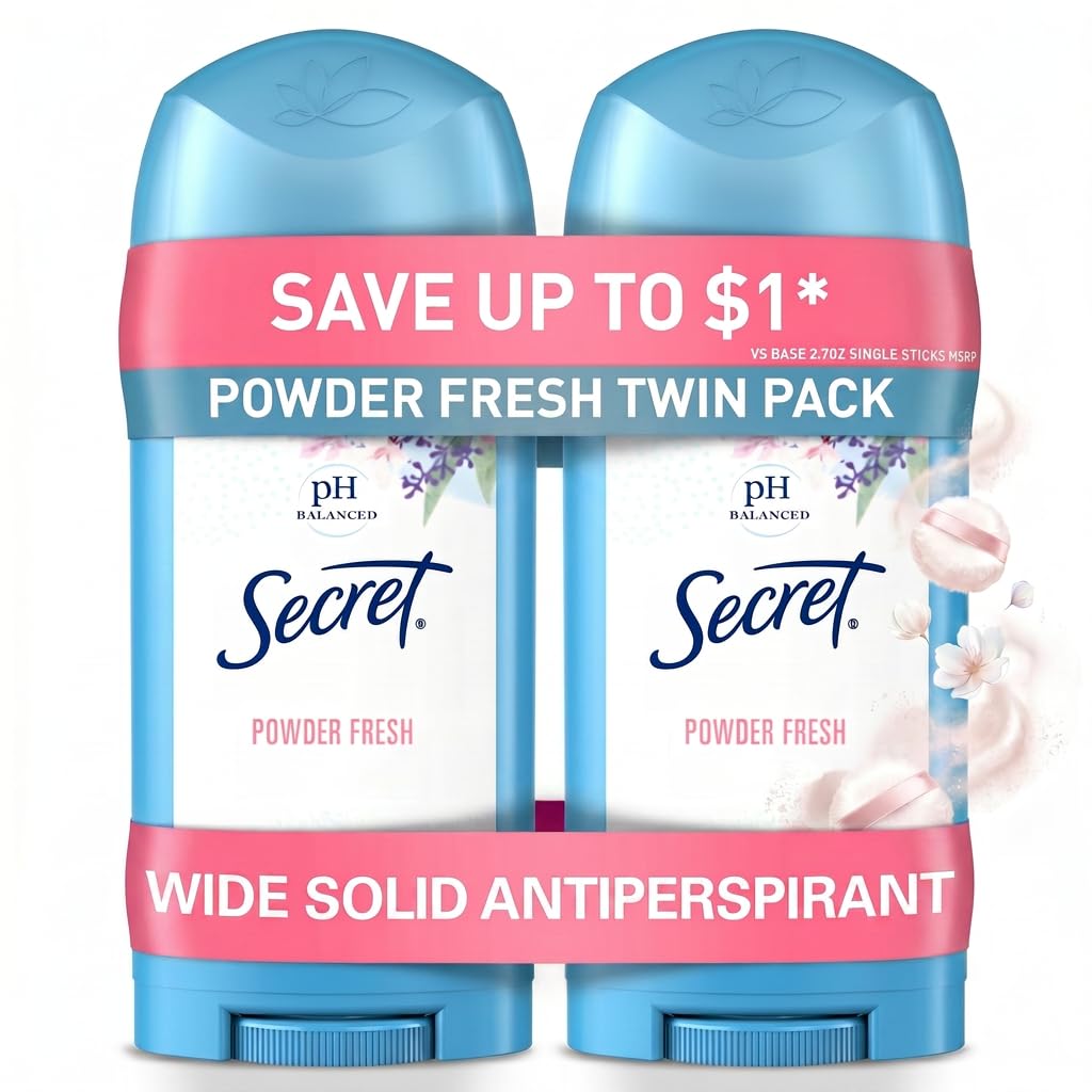 Secret Antiperspirant and Deodorant for Women. 24hr Sweat & Odor Protection. PH Balanced Protection. Gentle on Skin. Wide Solid. Powder Fresh Scent. 2.7 oz (Pack of 2)