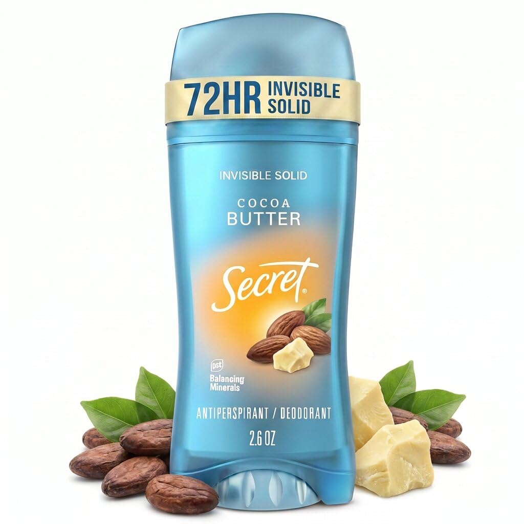 Secret Fresh Antiperspirant Deodorant for Women. 72hr Breathable Sweat & Odor Protection. Instant Freshness & Gentle. PH Balancing Minerals. Invisible Solid. Cocoa Butter Scent. 2.6 oz
