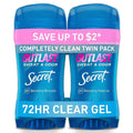 Secret Outlast Antiperspirant Deodorant for Women. 72hr Sweat & Odor Protection. PH Balancing Minerals. Pro-Hyaluronic Acid. Clear Gel. Completely Clean Scent. 2.6 oz (Pack of 2)