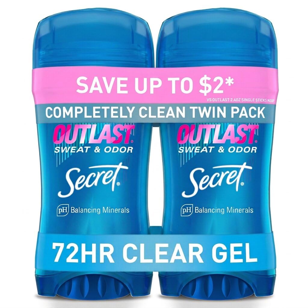 Secret Outlast Antiperspirant Deodorant for Women. 72hr Sweat & Odor Protection. PH Balancing Minerals. Pro-Hyaluronic Acid. Clear Gel. Completely Clean Scent. 2.6 oz (Pack of 2)
