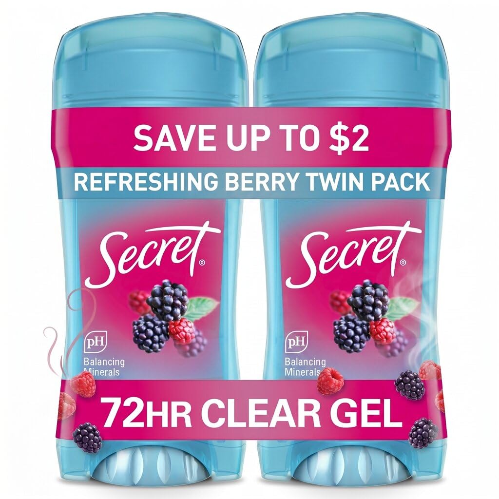 Secret Fresh Antiperspirant Deodorant for Women. 72hr Breathable Sweat & Odor Protection. Instant Freshness & Gentle. PH Balancing Minerals. Clear Gel. Refreshing Berry Scent. 2.6 oz (Pack of 2)