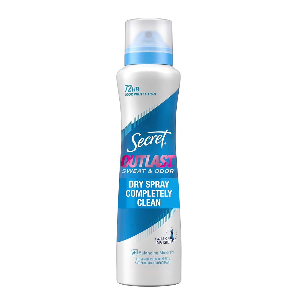 Secret Outlast Dry Spray Antiperspirant Deodorant for Women. 72hr Sweat & Odor Protection. PH Balancing Minerals. Completely Clean Scent. 4.1 oz