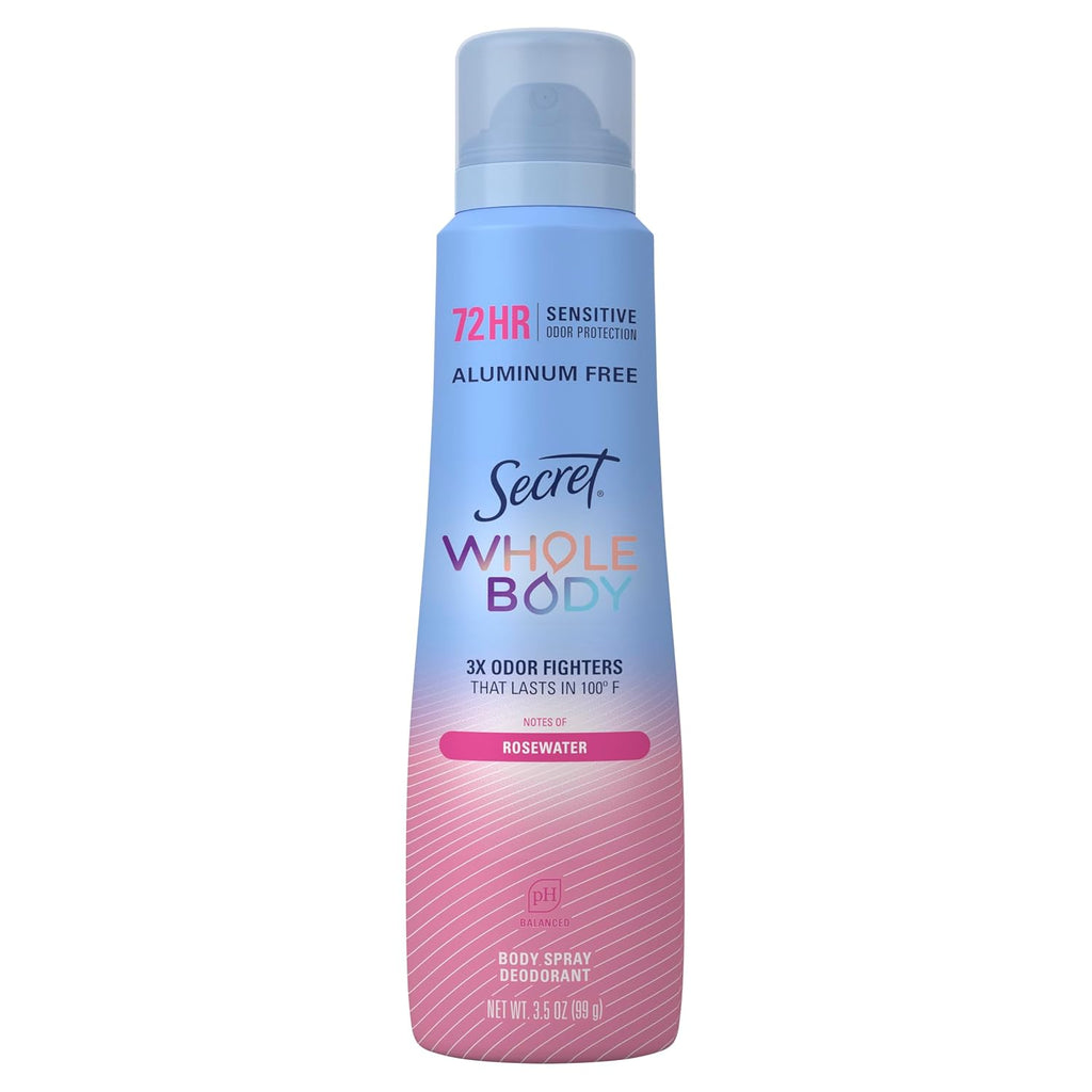 Secret Whole Body Deodorant for Women. Rosewater Scent. Aluminum Free Deodorant Spray. 72 HR Odor Protection. 3.5 oz