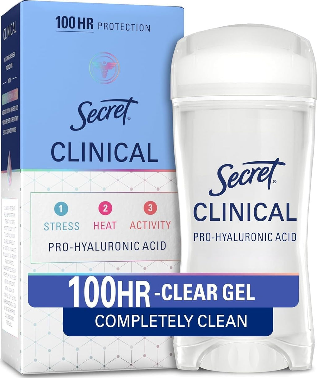 Secret Clinical Strength 100HR Sweat & Odor. Clear Gel Antiperspirant Deodorant for Women. 3X Stress Protection with Hyaluronic Acid. PH Balancing Minerals. Completely Clean Scent. 2.6 oz