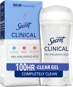 Secret Clinical Strength 100HR Sweat & Odor. Clear Gel Antiperspirant Deodorant for Women. 3X Stress Protection with Hyaluronic Acid. PH Balancing Minerals. Completely Clean Scent. 2.6 oz