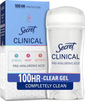 Secret Clinical Strength 100HR Sweat & Odor. Clear Gel Antiperspirant Deodorant for Women. 3X Stress Protection with Hyaluronic Acid. PH Balancing Minerals. Completely Clean Scent. 2.6 oz