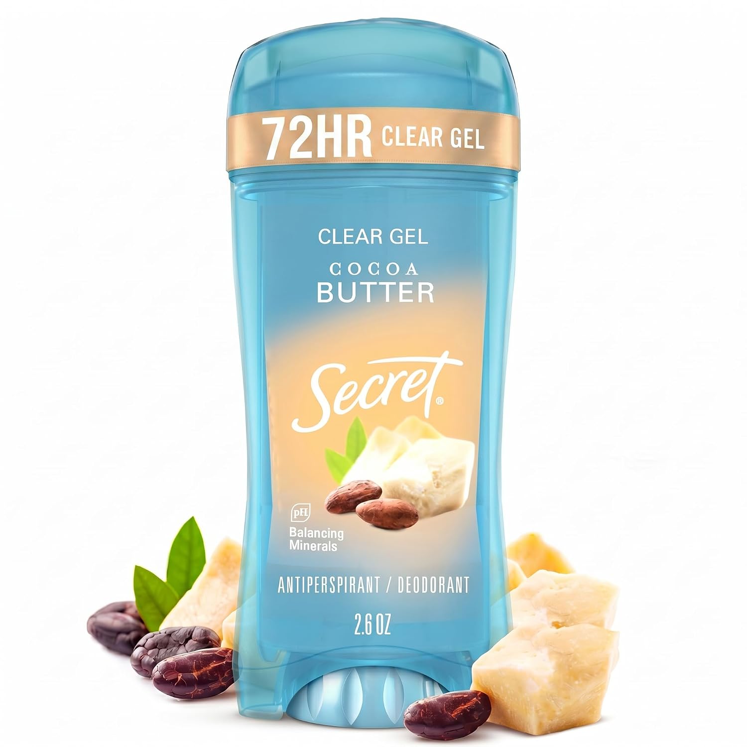 Secret Fresh Antiperspirant Deodorant for Women. 72hr Breathable Sweat & Odor Protection. Instant Freshness & Gentle. PH Balancing Minerals. Clear Gel. Cocoa Butter Scent. 2.6 oz