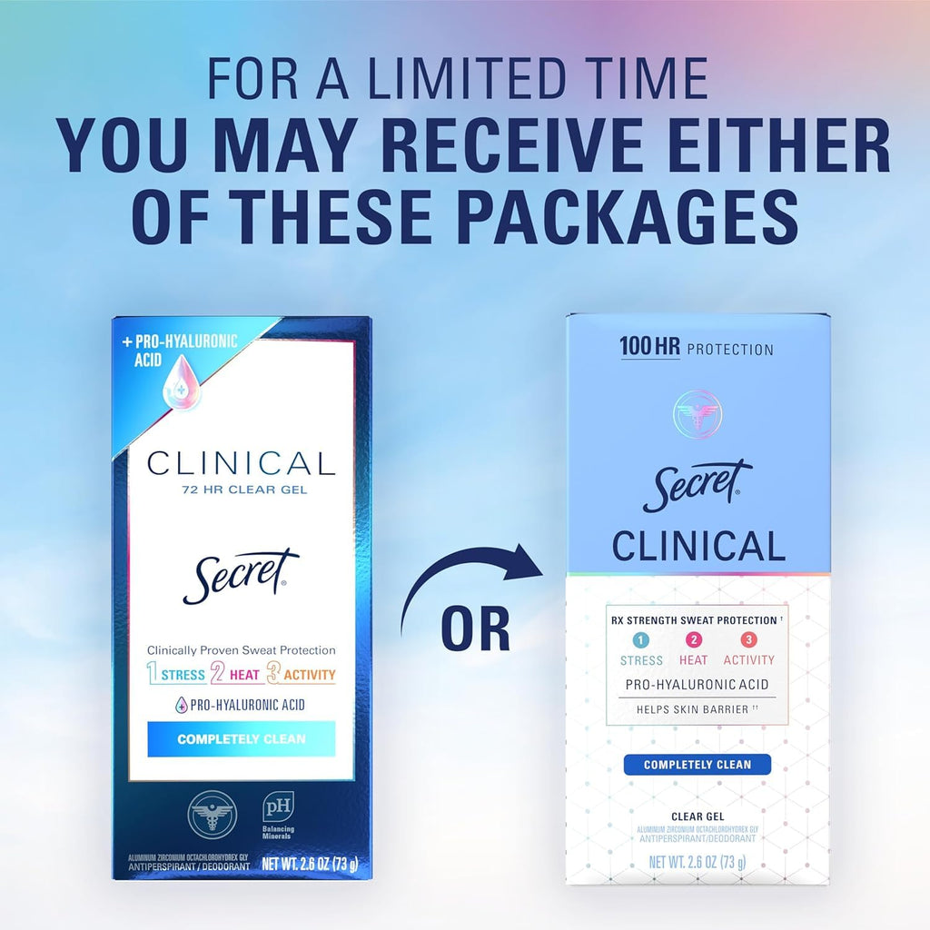 Secret Clinical Strength 100HR Sweat & Odor. Clear Gel Antiperspirant Deodorant for Women. 3X Stress Protection with Hyaluronic Acid. PH Balancing Minerals. Completely Clean Scent. 2.6 oz