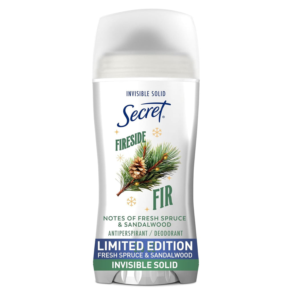 Secret Fresh Antiperspirant Deodorant for Women. Fireside Fir Scent. 2.6oz | 72 Hour Holiday Sweat & Odor Protection with Pro-Hyaluronic Acid. Limited Edition Invisible Solid. pH Balancing Minerals