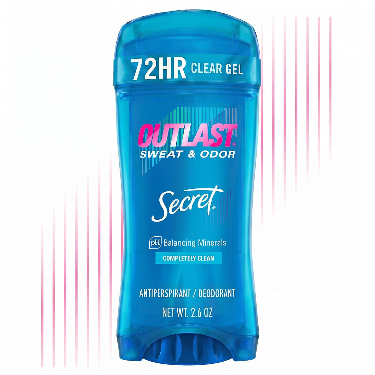 Secret Outlast Antiperspirant Deodorant for Women. 72hr Sweat & Odor Protection. Pro-Hyaluronic Power. pH Balancing Minerals. Clear Gel. Completely Clean Scent. 2.6 oz