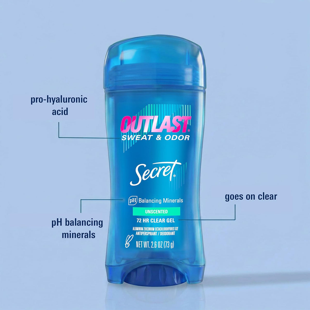 Secret Outlast Antiperspirant Deodorant for Women. Clear Gel. 72hr Sweat and Odor Protection. PH Balancing Minerals. Long Lasting Underarm Deodorant Gel. Unscented. 2.6 oz