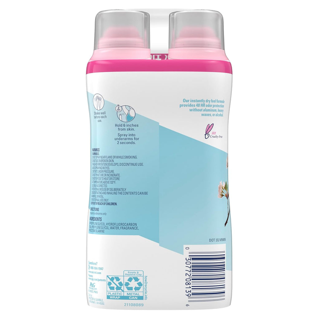 Secret Dry Spray Aluminum Free Deodorant for Women. 48hr Weightless Odor Protection. Gentle on Skin. Cherry Blossom Scent. 4.1 oz (Pack of 2)