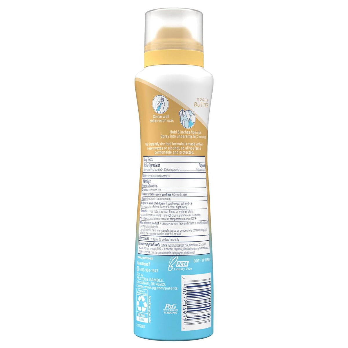 Secret Dry Spray Antiperspirant Deodorant for Women. 48hr Weightless Sweat & Odor Protection. Gentle on Skin. Cocoa Butter Scent. 4.1 oz