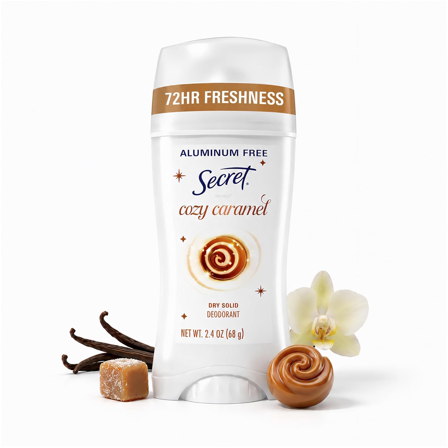 Secret Aluminum Free Deodorant for Women. 72hr Magnesium Odor Protection with Pro-Hyaluronic Acid. PH Balancing Minerals. Holiday Dry Solid. Cozy Caramel Scent. 2.4 oz