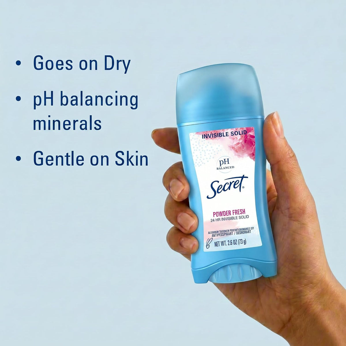 Secret Antiperspirant and Deodorant for Women. 24hr Sweat & Odor Protection. PH Balanced Protection. Gentle on Skin. Invisible Solid. Powder Fresh Scent. 2.6 oz (Pack of 3)