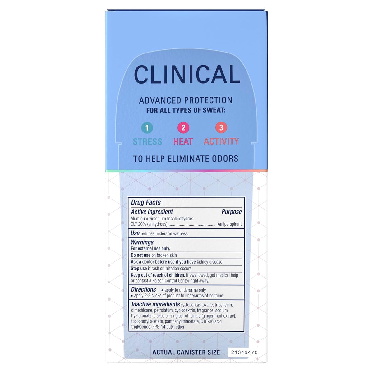Secret Clinical Strength 100HR Sweat & Odor. Soft Solid Antiperspirant Deodorant for Women. 3X Stress Protection with Hyaluronic Acid. PH Balancing Minerals. Completely Clean Scent. 2.6 oz