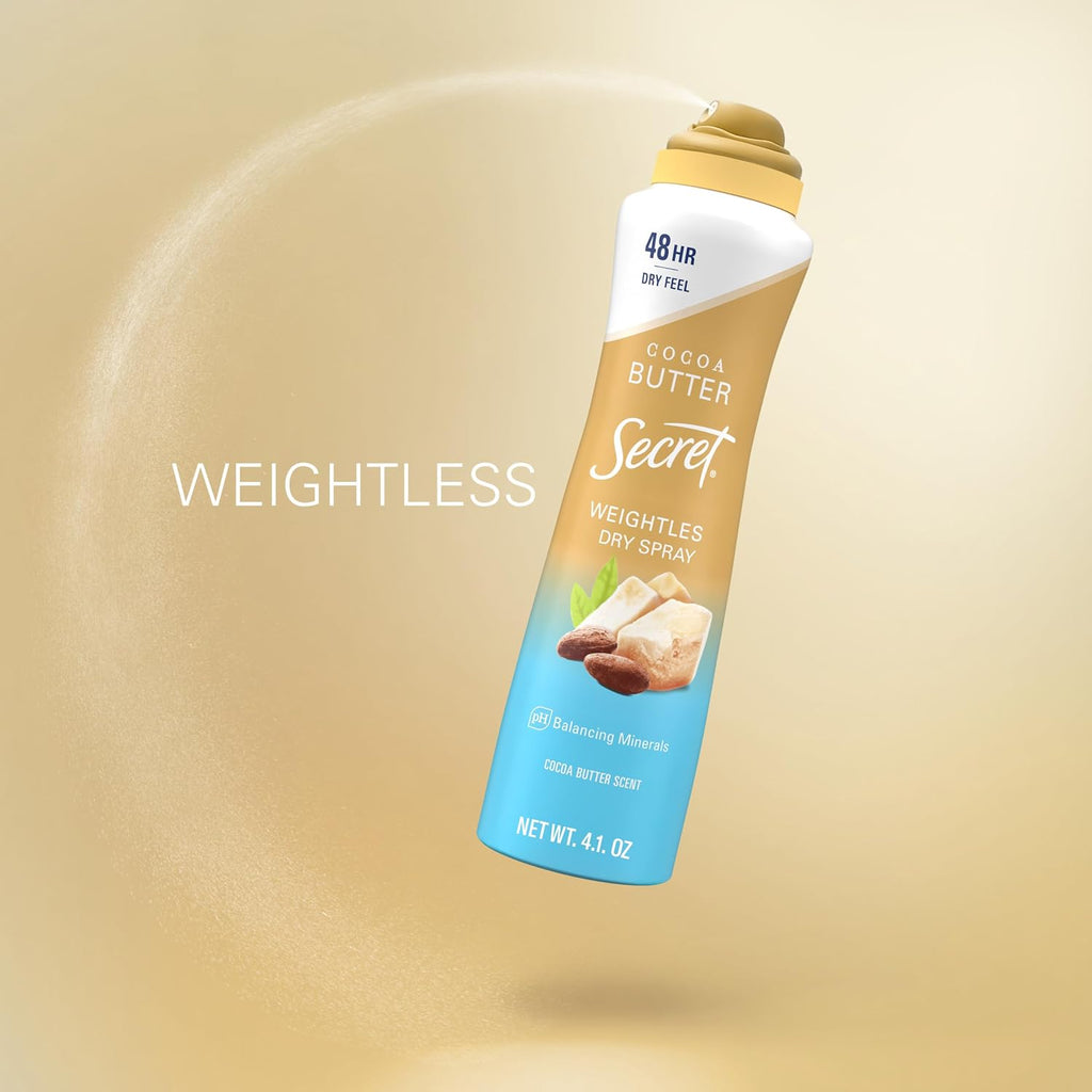 Secret Dry Spray Antiperspirant Deodorant for Women. 48hr Weightless Sweat & Odor Protection. Gentle on Skin. Cocoa Butter Scent. 4.1 oz