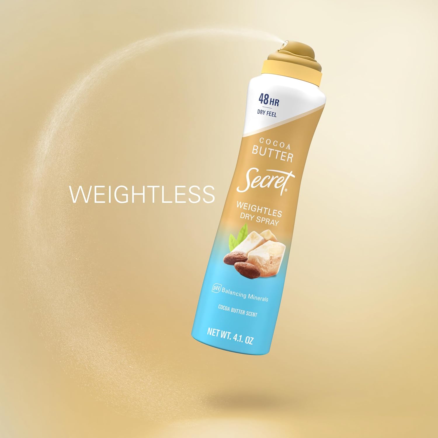 Secret Dry Spray Antiperspirant Deodorant for Women. 48hr Weightless Sweat & Odor Protection. Gentle on Skin. Cocoa Butter Scent. 4.1 oz