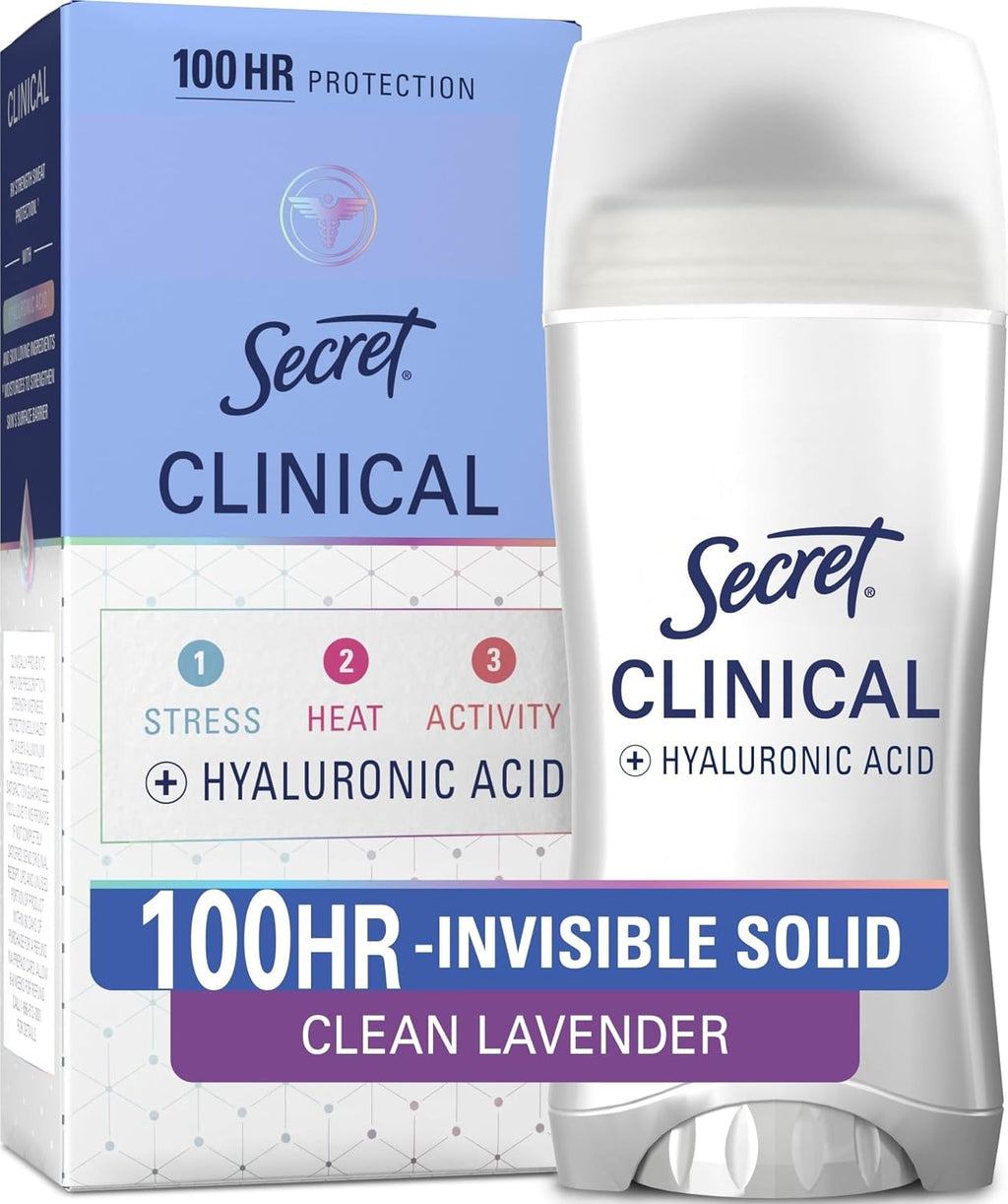 Secret Clinical Strength 100HR Sweat & Odor. Invisible Solid Antiperspirant Deodorant for Women. 3X Stress Protection with Hyaluronic Acid. PH Balanced. Clean Lavender Scent. 2.6 oz