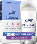 Secret Clinical Strength 100HR Sweat & Odor. Invisible Solid Antiperspirant Deodorant for Women. 3X Stress Protection with Hyaluronic Acid. PH Balanced. Clean Lavender Scent. 2.6 oz