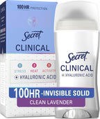 Secret Clinical Strength 100HR Sweat & Odor. Invisible Solid Antiperspirant Deodorant for Women. 3X Stress Protection with Hyaluronic Acid. PH Balanced. Clean Lavender Scent. 2.6 oz