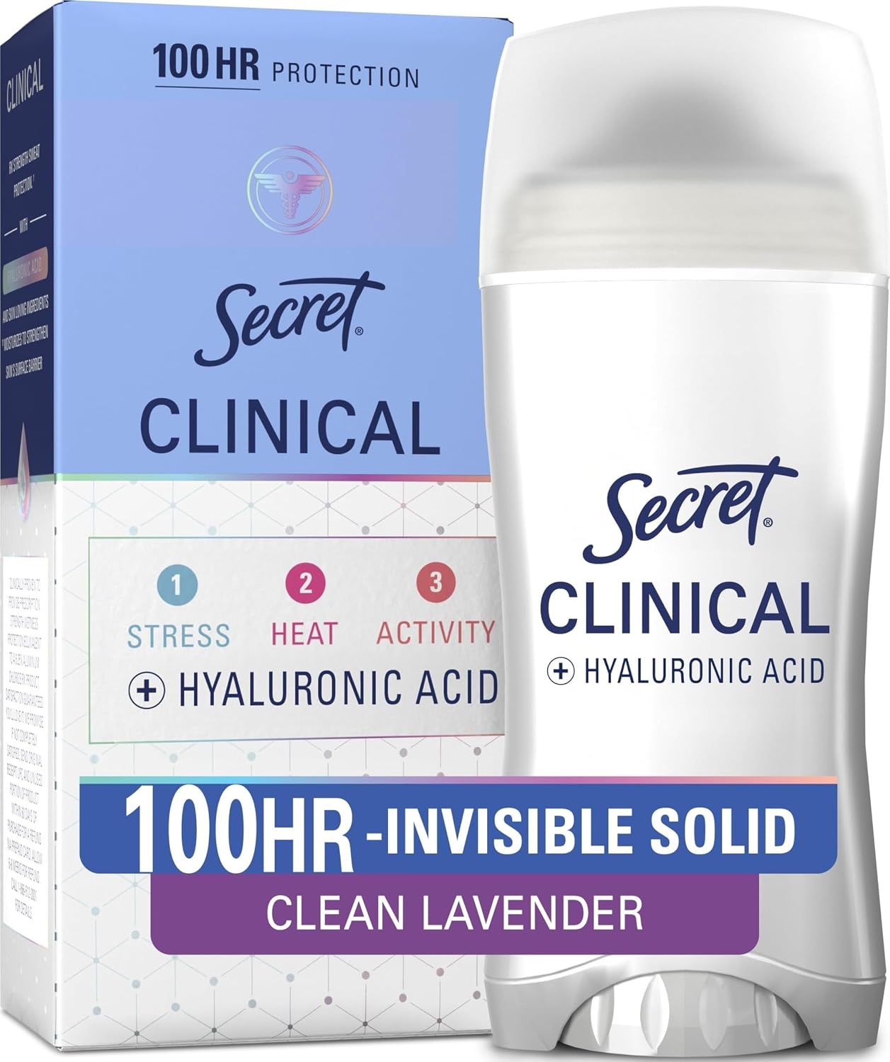 Secret Clinical Strength 100HR Sweat & Odor. Invisible Solid Antiperspirant Deodorant for Women. 3X Stress Protection with Hyaluronic Acid. PH Balanced. Clean Lavender Scent. 2.6 oz
