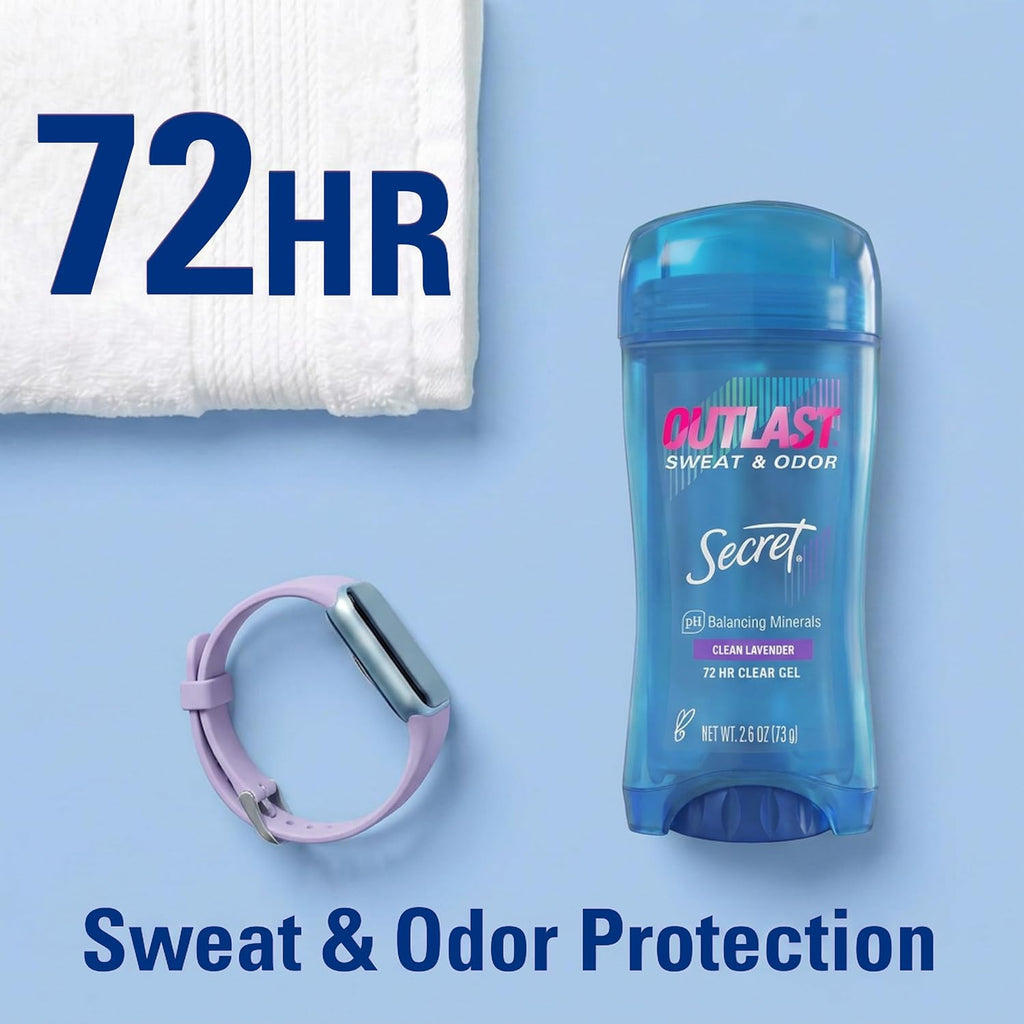 Secret Outlast Antiperspirant Deodorant for Women. 72hr Sweat & Odor Protection. PH Balancing Minerals. Clear Gel. Clean Lavender Scent. 2.6 oz
