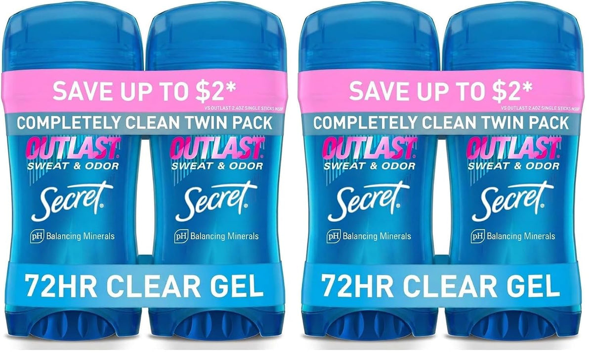 Secret Outlast Antiperspirant Deodorant for Women. 72hr Sweat & Odor Protection. PH Balancing Minerals. Pro-Hyaluronic Acid. Clear Gel. Completely Clean Scent. 2.6 oz (Pack of 2)