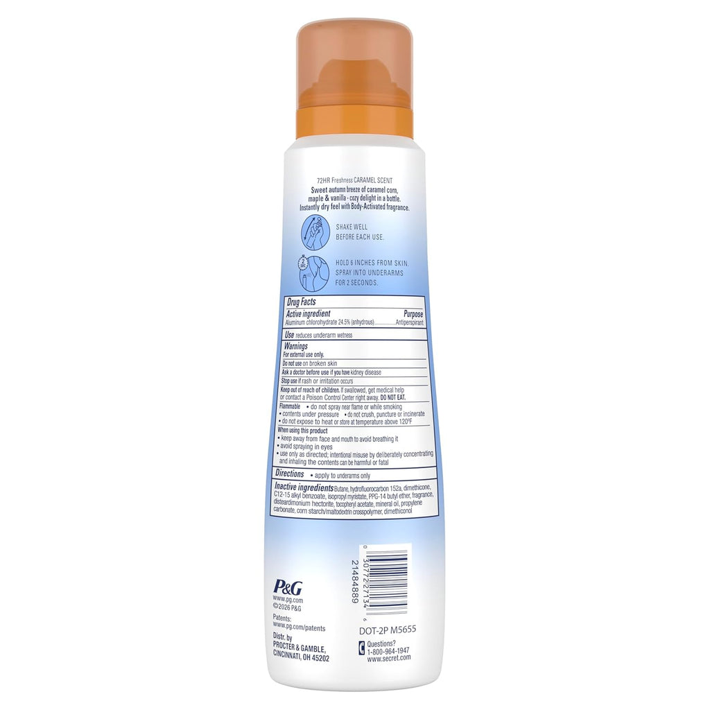 Secret Dry Spray Antiperspirant Deodorant for Women. 72hr Holiday Freshness. Pro-Hyaluronic Acid. PH Balancing Minerals. Invisible Spray. Cozy Caramel Scent. 4.1 oz