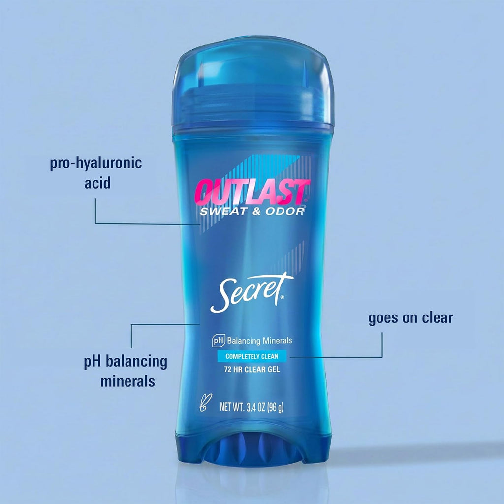 Secret Outlast Antiperspirant Deodorant for Women. Clear Gel Antiperspirant. Long Lasting Sweat and Odor Protection. PH Balancing Minerals. Gentle Underarm Care. Completely Clean Scent. 3.4 oz