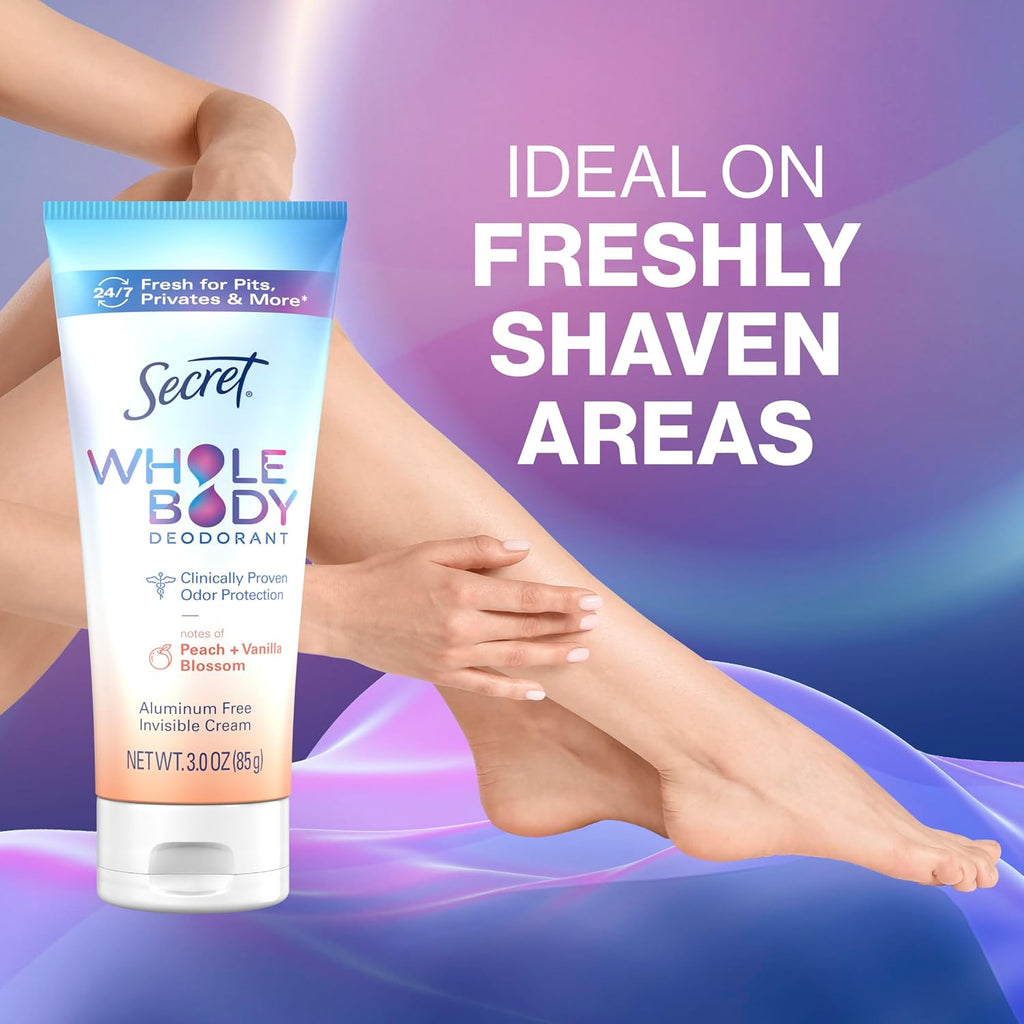Secret Whole Body Deodorant Cream for Women. Peach & Vanilla Blossom Scent. Aluminum Free Deodorant. 72 HR Odor Protection. 3.0 oz