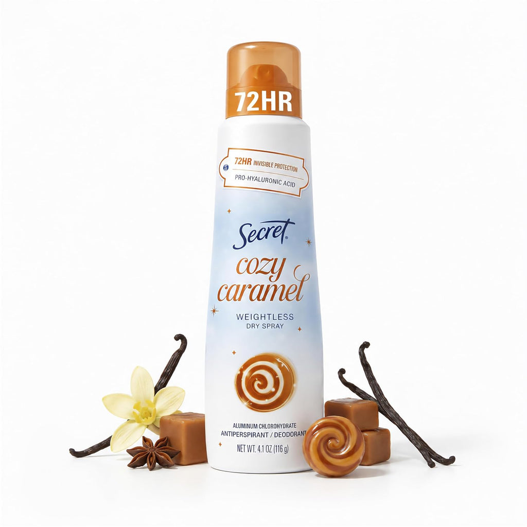 Secret Dry Spray Antiperspirant Deodorant for Women. 72hr Holiday Freshness. Pro-Hyaluronic Acid. PH Balancing Minerals. Invisible Spray. Cozy Caramel Scent. 4.1 oz
