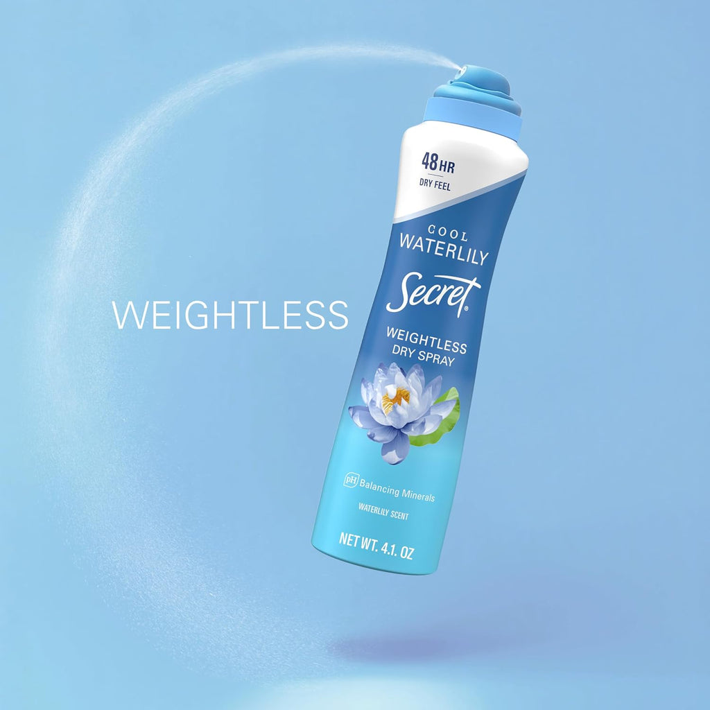Secret Dry Spray Antiperspirant Deodorant for Women. 48hr Weightless Sweat & Odor Protection. Gentle on Skin. Waterlily & Argan Oil Scent. 4.1 oz (Pack of 3)