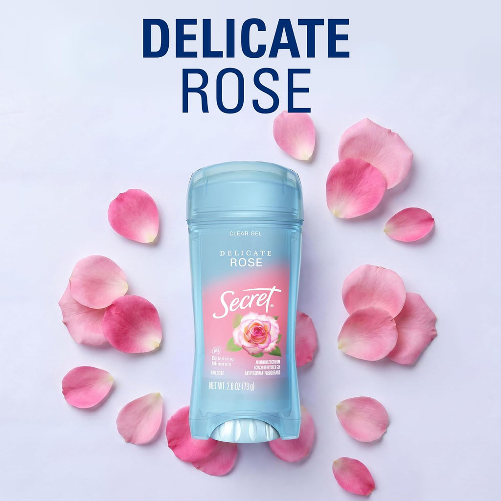 Secret Fresh Antiperspirant Deodorant for Women. 72hr Breathable Sweat & Odor Protection. Instant Freshness & Gentle. PH Balancing Minerals. Clear Gel. Delicate Rose Scent. 2.6 oz (Pack of 2)