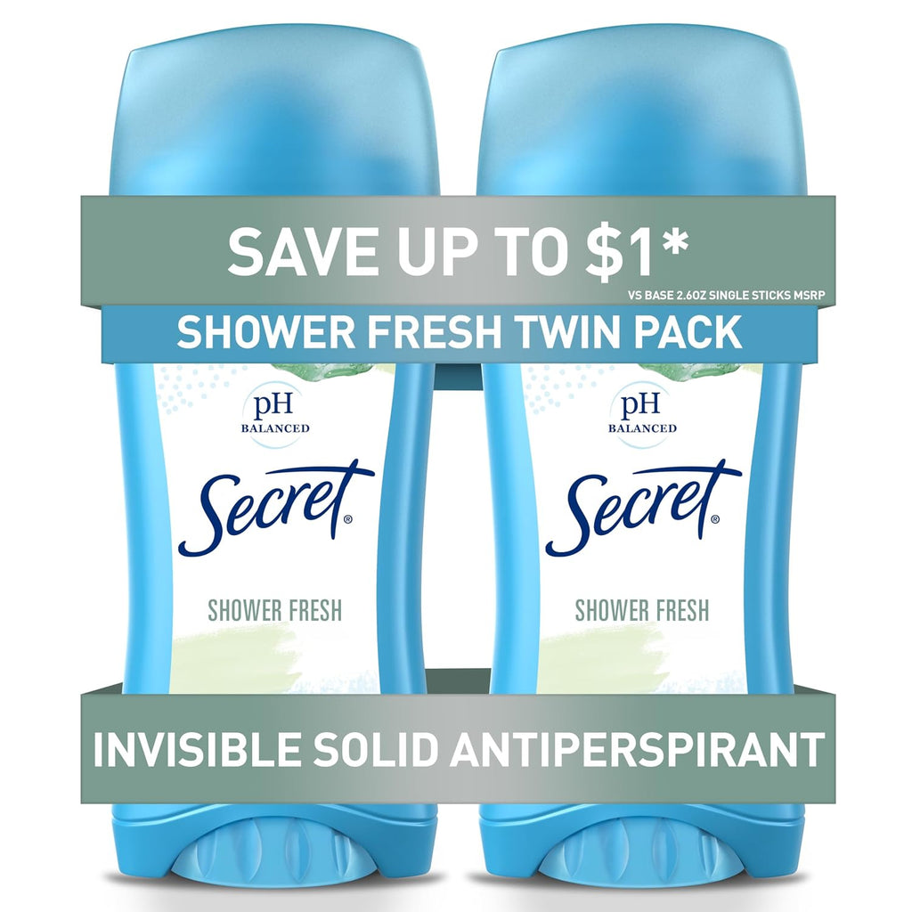 Secret Antiperspirant and Deodorant for Women. 24hr Sweat & Odor Protection. PH Balanced Protection. Gentle on Skin. Invisible Solid. Shower Fresh Scent. 2.6 oz (Pack of 2)