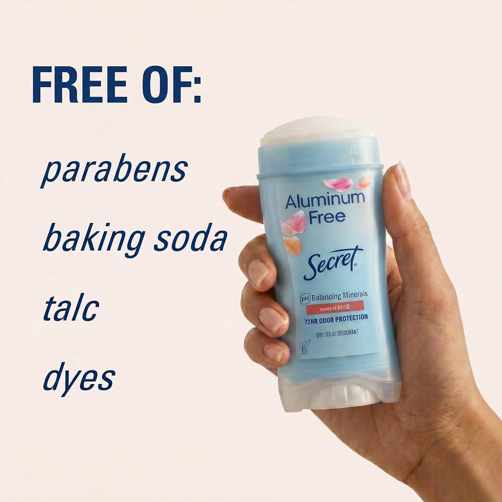 Secret Aluminum Free Deodorant for Women. 48hr Odor Protection. Free of Parabens Dyes Talc & Baking Soda. PH Balancing Minerals. Dry Solid. Rose Scent. 2.4 oz (Pack Of 3)