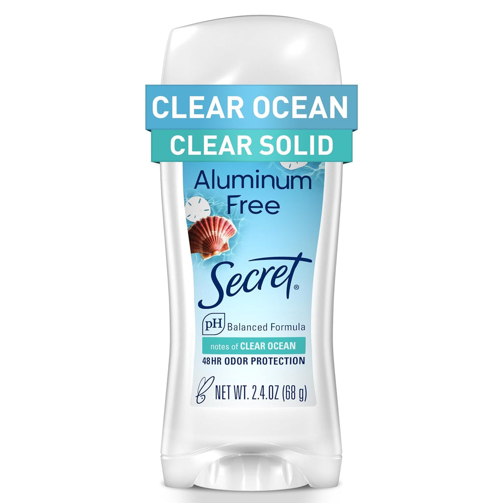 Secret Aluminum Free Deodorant for Women. 48hr Odor Protection. Free of Parabens Dyes Talc & Baking Soda. PH Balancing Minerals. Clear Solid. Clear Ocean Scent. 2.4 oz