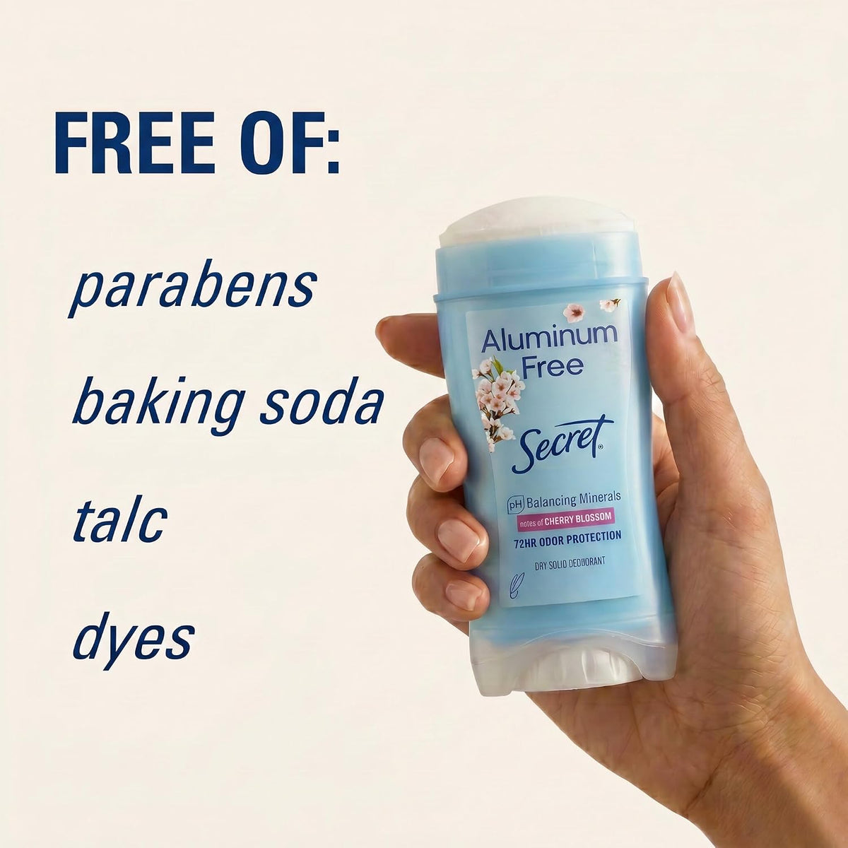 Secret Aluminum Free Deodorant for Women. 72hr Odor Protection. Free of Parabens Dyes Talc & Baking Soda. PH Balancing Minerals. Dry Solid. Cherry Blossom Scent. 2.4 oz (Pack Of 3)