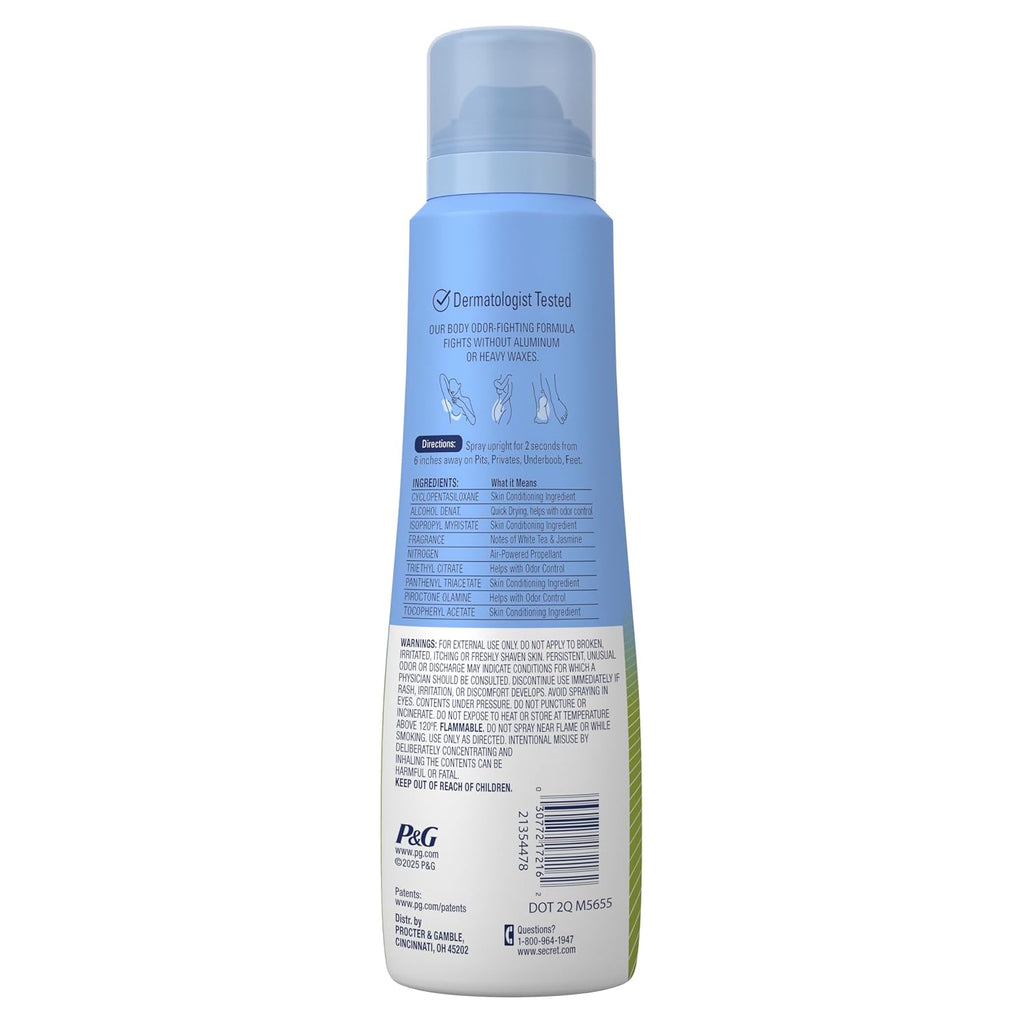 Secret Whole Body Deodorant for Women. Spray White Tea & Jasmine Scent. Aluminum Free Deodorant Spray. 72 HR Odor Protection. 3.5 oz