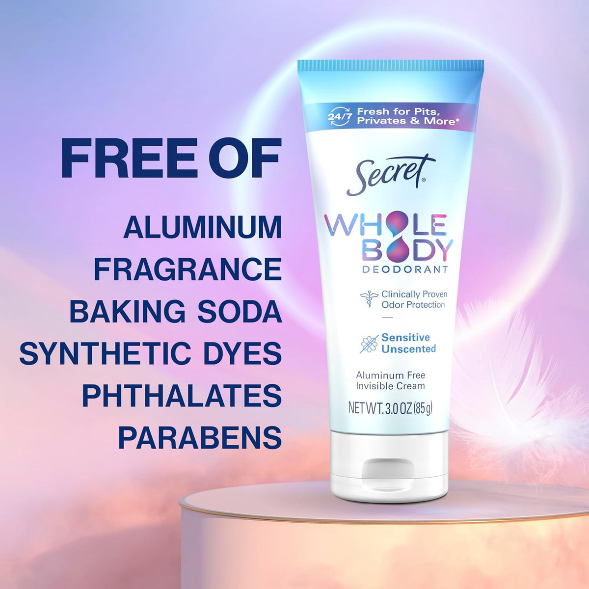 Secret Whole Body Deodorant Cream for Women. Unscented. Aluminum Free Deodorant Cream. 72 HR Odor Protection. 3.0 oz