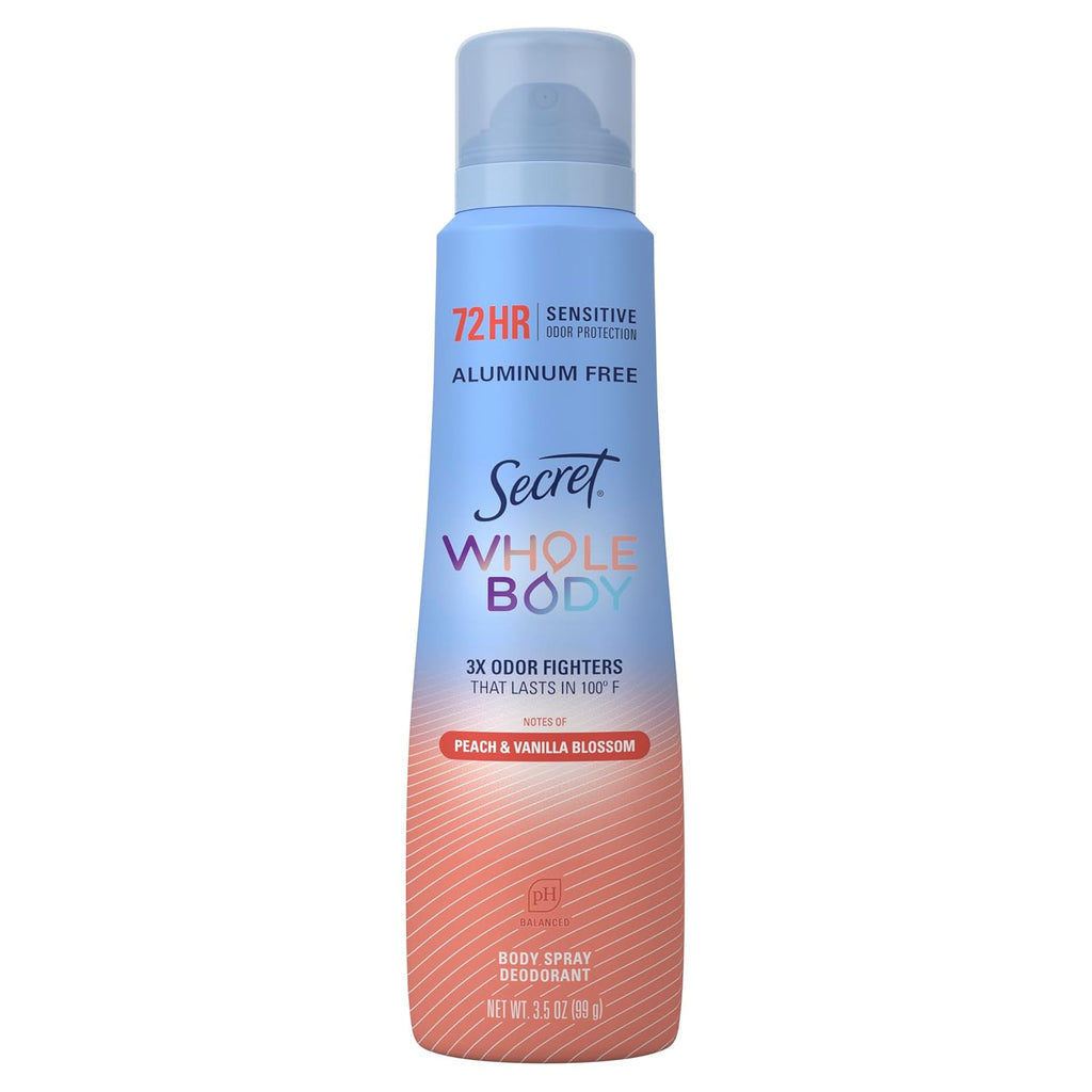 Secret Aluminum Free Whole Body Deodorant Spray for Women. 72hr Sensitive Freshness & Odor Defense. PH Balanced. Invisible Protection. Safe to Use Everywhere. Peach & Vanilla Blossom Scent. 3.5 oz