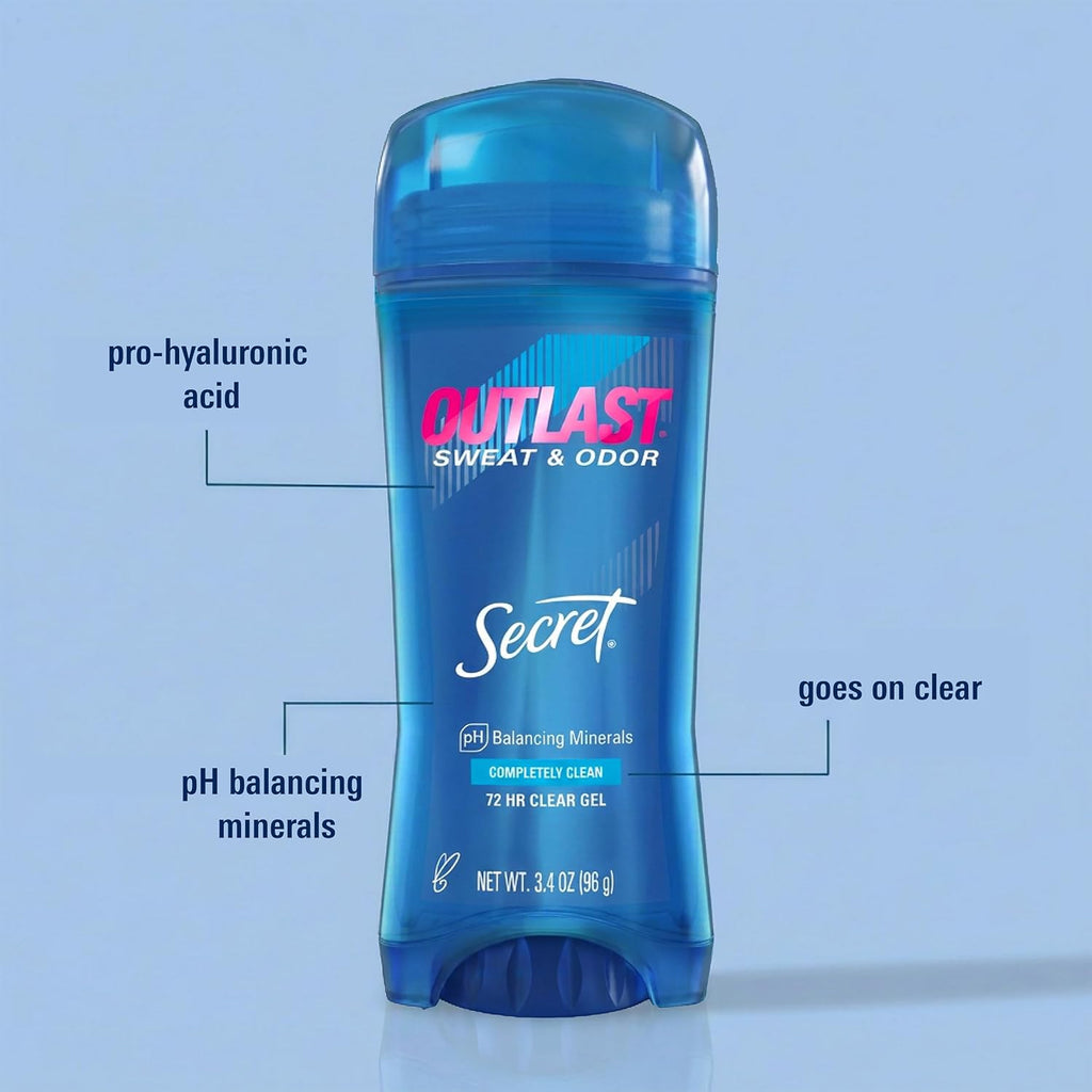 Secret Outlast Antiperspirant Deodorant for Women. 72hr Sweat & Odor Protection. PH Balancing Minerals. Clear Gel. Unscented 3.4 oz