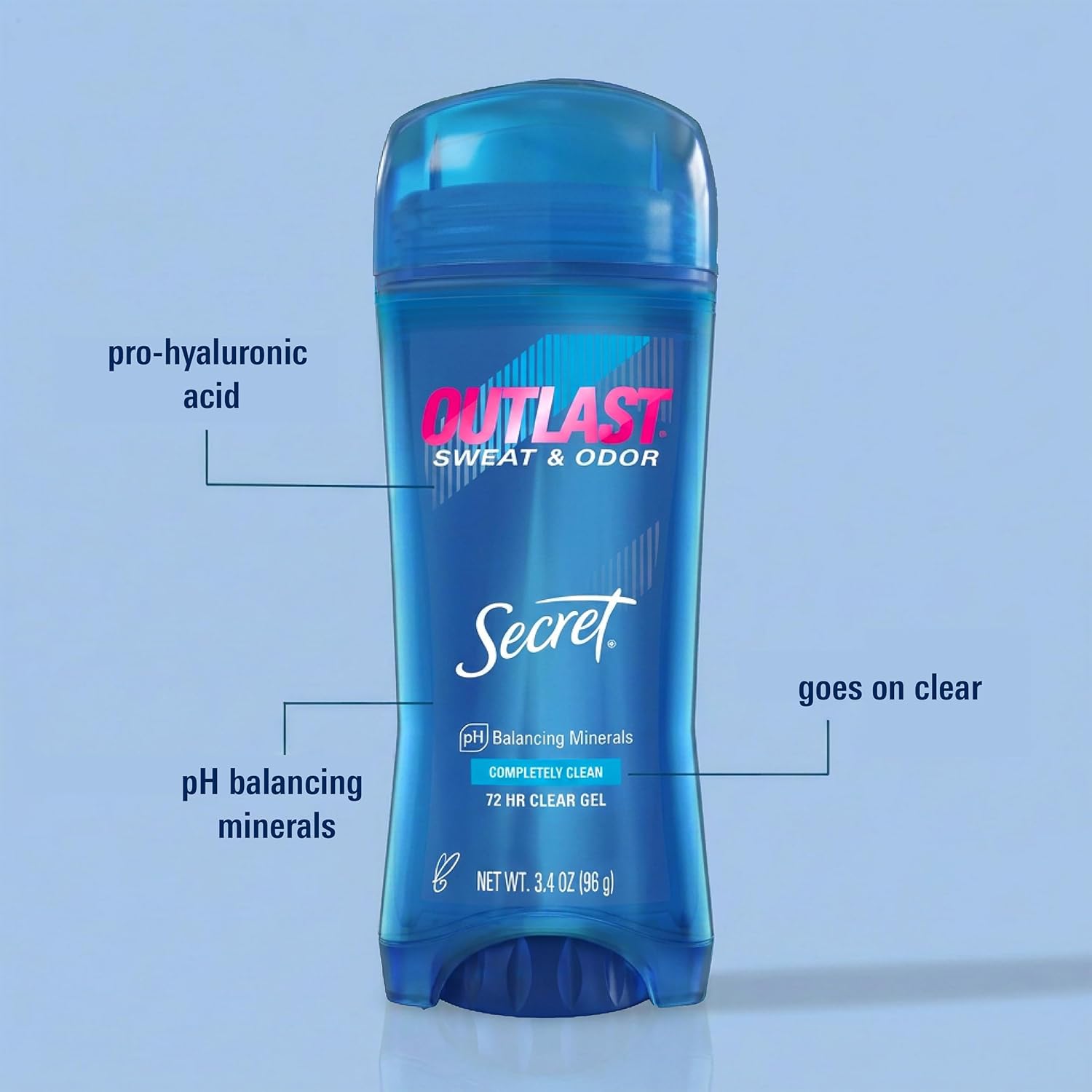 Secret Outlast Antiperspirant Deodorant for Women. 72hr Sweat & Odor Protection. PH Balancing Minerals. Clear Gel. Unscented 3.4 oz