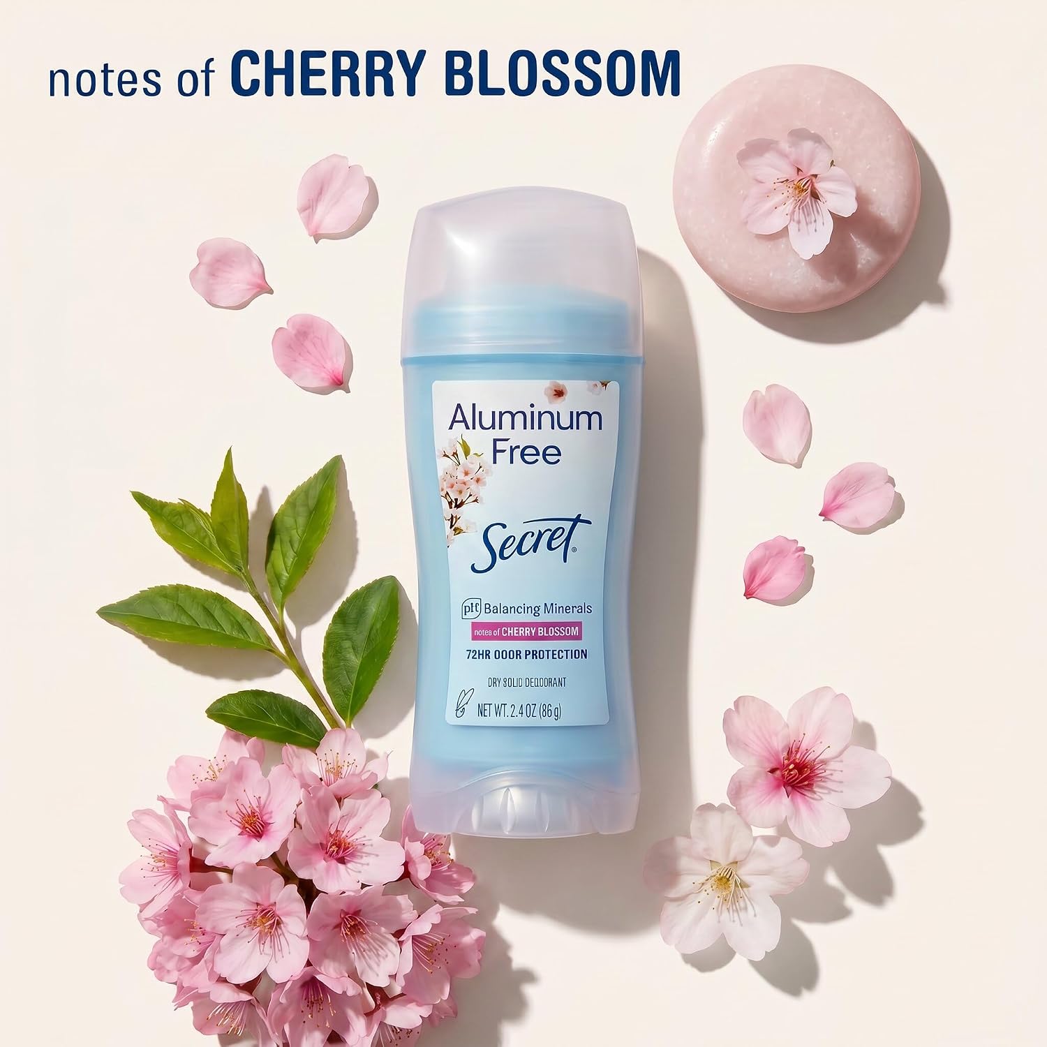 Secret Aluminum Free Deodorant for Women. 72hr Odor Protection. Free of Parabens Dyes Talc & Baking Soda. PH Balancing Minerals. Dry Solid. Cherry Blossom Scent. 2.4 oz (Pack Of 3)