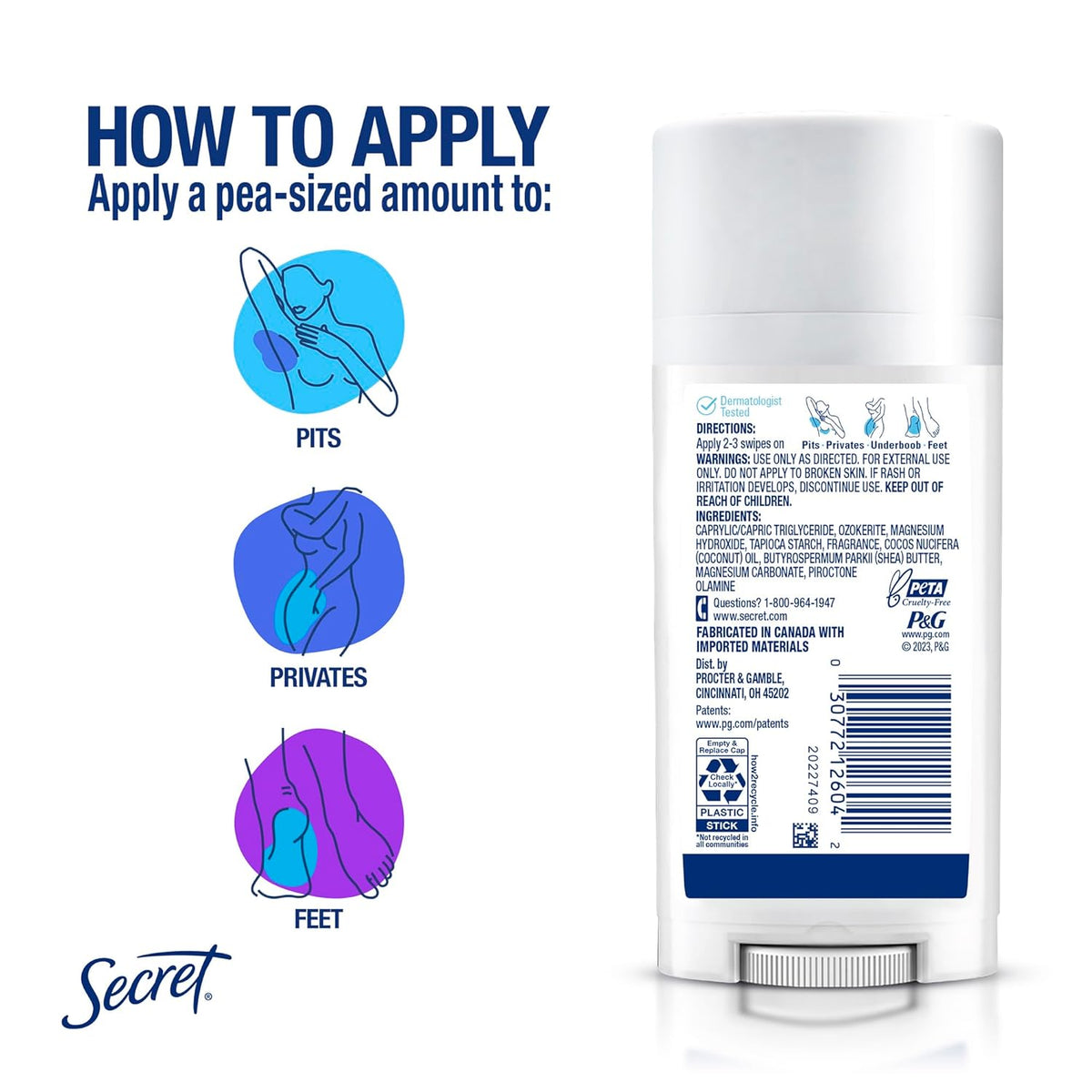 Secret Whole Body Deodorant Stick for Women. Naturally Derived Ingredients. Peach & Vanilla Scent. Aluminum Free Deodorant Stick. 72 HR Odor Protection. 2.4 oz