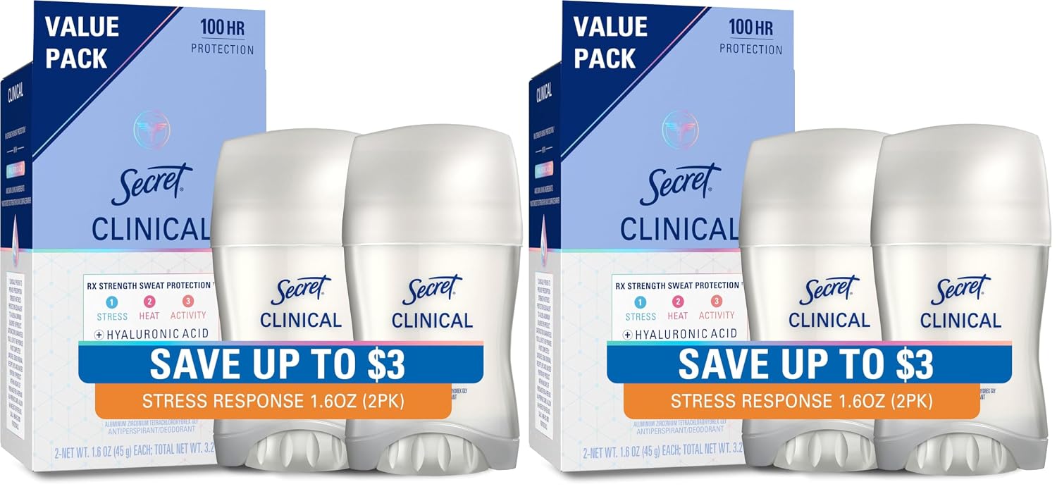 Secret Strength 100HR Sweat & Odor. Stress Response Invisible Solid Antiperspirant Deodorant for Women. 3X Stress Protection with Hyaluronic Acid. PH Balanced. 1.6 oz (Pack of 4)