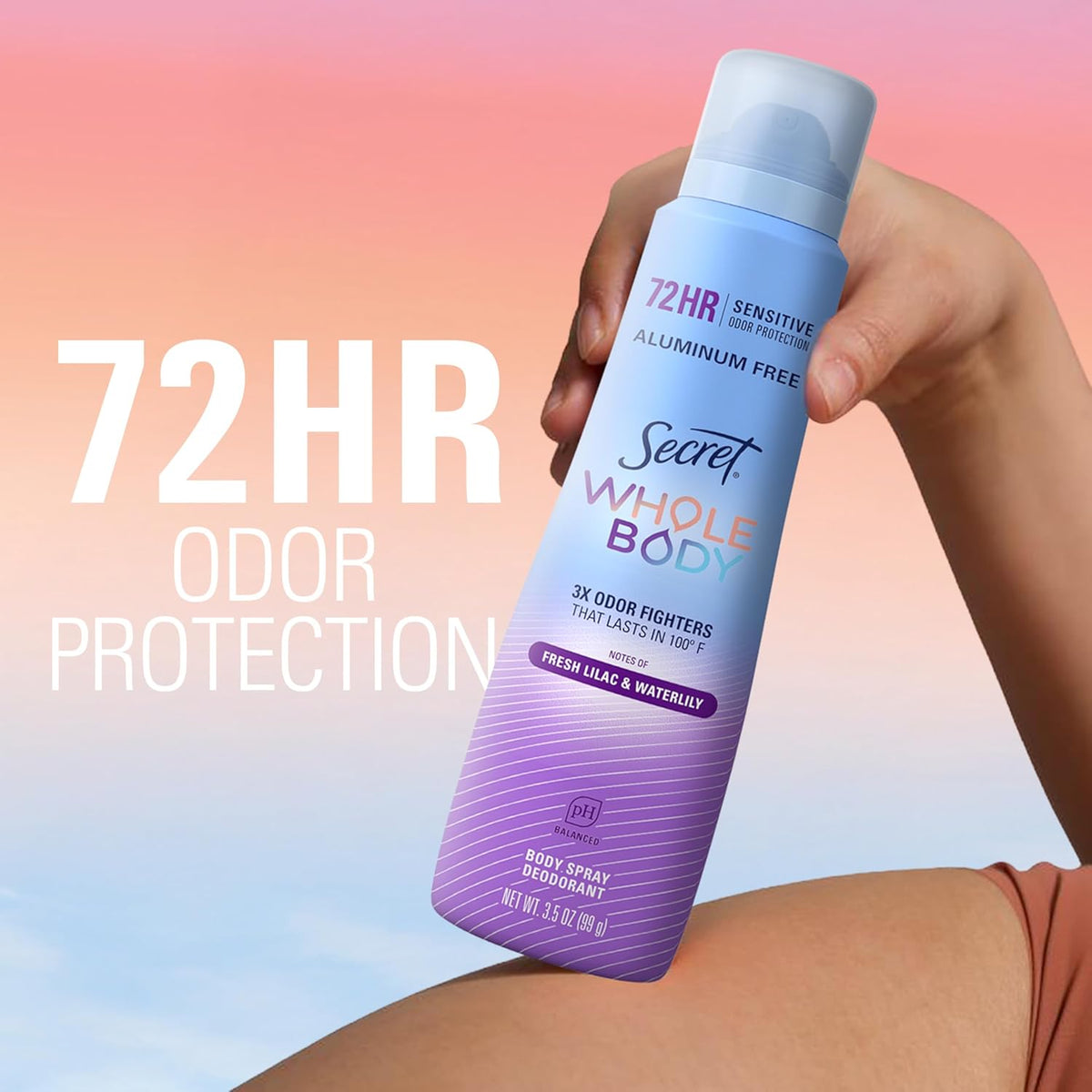 Secret Aluminum Free Whole Body Deodorant Spray for Women. 72hr Sensitive Freshness & Odor Defense. PH Balanced. Invisible Protection. Safe to Use Everywhere. Fresh Lilac & Waterlily Scent. 3.5 oz